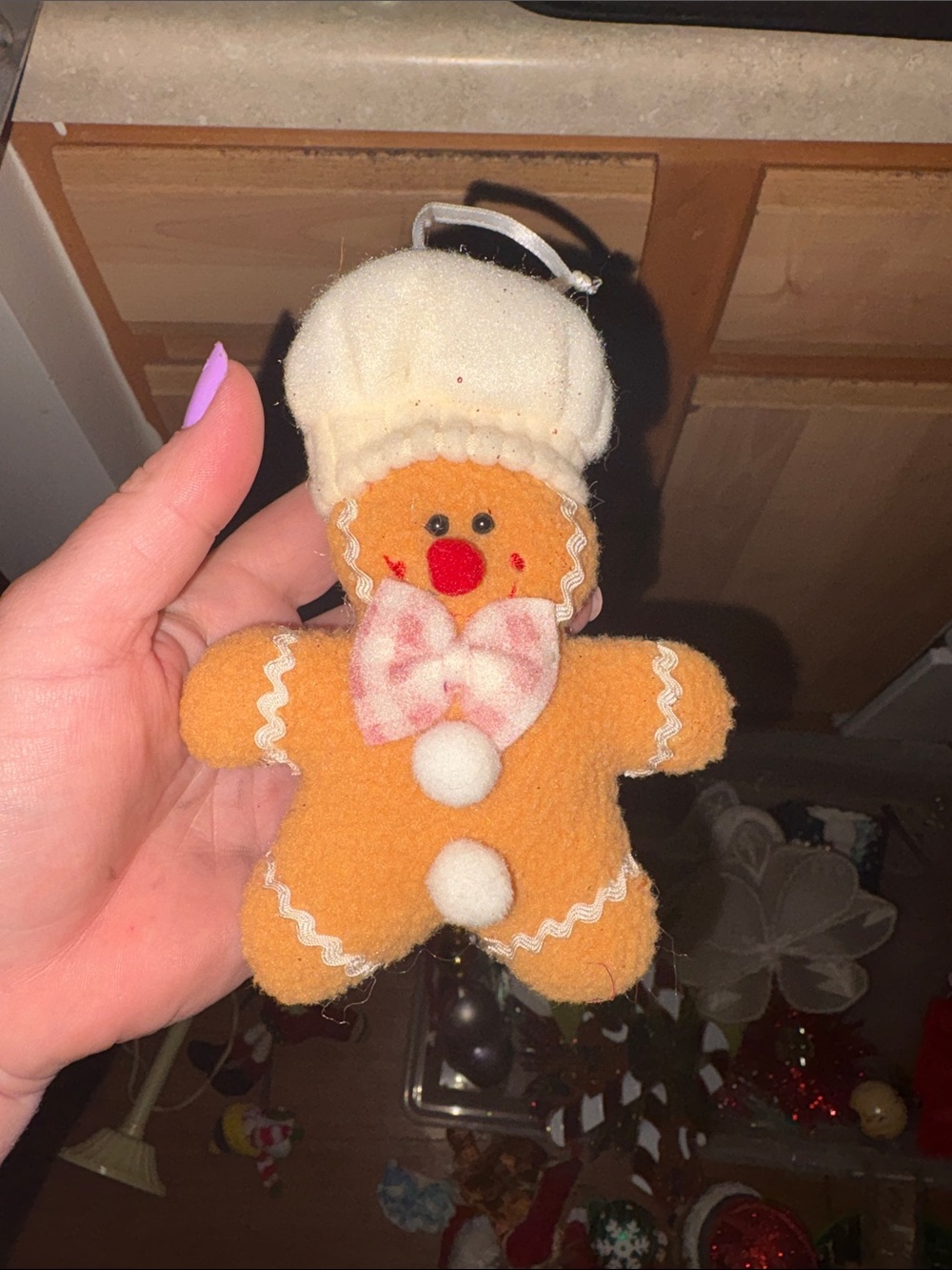Plush Gingerbread Ornament with White Hat and Pink Bow